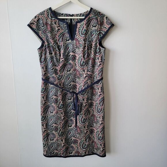 Talbots Womens Paisley Cap Sleeve Back Zip Lined Belted Dress size 12 - Picture 1 of 8